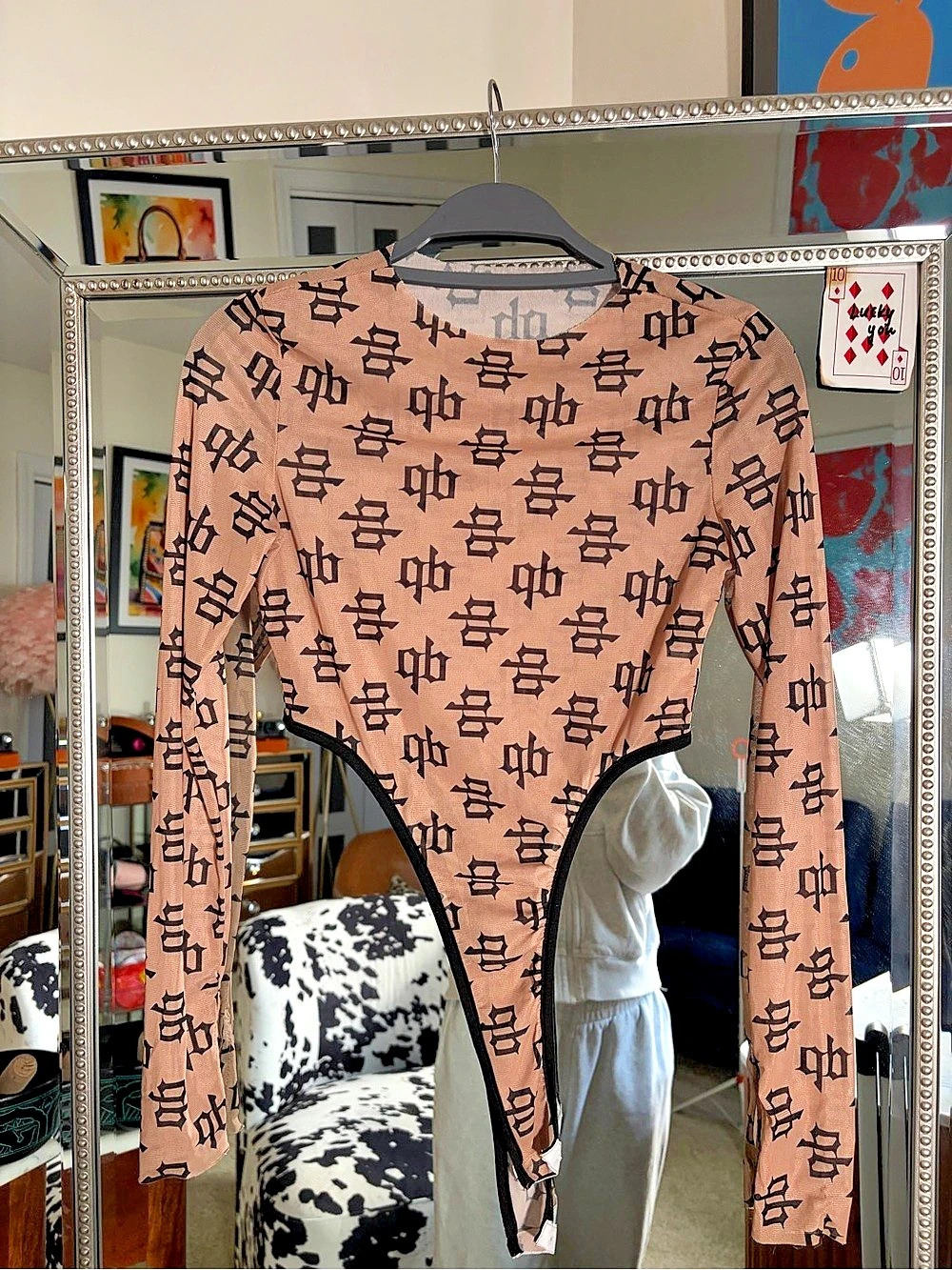 Pink Black Printed Long Sleeve Bodysuit Size Small